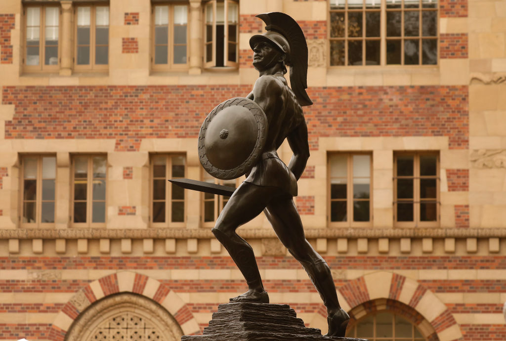 LOS ANGELES, CA - AUGUST 23: The Trojan Statue at the center of the USC campus Monday for the first day of in-person classes. USC and California State University campuses start in-person classes on Monday, serving as a test case for whether vaccine mandates, masking, regular testing and other protocols can minimize spread of the Delta variant even as thousands of students congregate in classes, dorms and social events. USC campus on Monday, Aug. 23, 2021 in Los Angeles, CA. (Al Seib / Los Angeles Times via Getty Images).