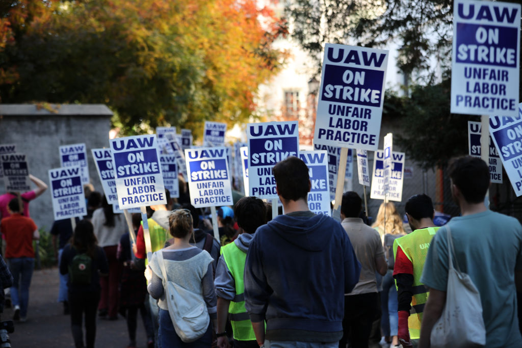 BERKELEY, CA - NOVEMBER 16: Academic workers strike at the UC Berkeley in California, United States on November 16, 2022. About 48,000 unionized academic workers across the University of Californiaâs 10 campuses who perform much of the teaching and research at the stateâs premier higher education system walked off the job Monday morning, calling for better pay and benefits. (Photo by Tayfun Coskun/Anadolu Agency via Getty Images)