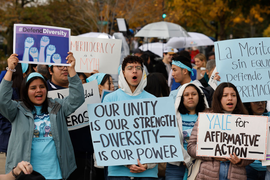 WASHINGTON, DC - OCTOBER 31: Proponents for affirmative action in higher education rally in front of the U.S. Supreme Court on October 31, 2022 in Washington, DC. The Court will hear arguments in two cases, Students for Fair Admissions v. President and Fellows of Harvard College and Students for Fair Admissions v. University of North Carolina, regarding the consideration of race as one factor in college admission at the two elite universities, which will have an effect on most institutions of higher education in the United States. (Photo by Chip Somodevilla/Getty Images)