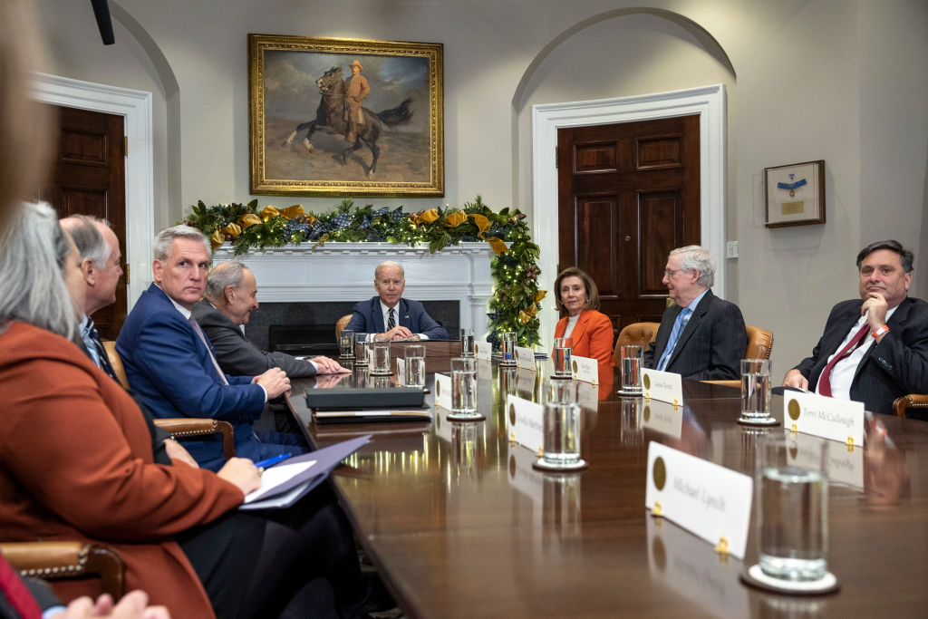 U.S. President Joe Biden meeting with Congressional Leaders at the White House on November 29, 2022, in Washington, DC. Biden met with House Minority Leader Kevin McCarthy, Senate Majority Leader Charles Schumer, Speaker of the House Nancy Pelosi, Senate Minority Leader Mitch McConnell, and White House Chief of Staff Ron Klain to discuss legislative priorities through the end of 2022.