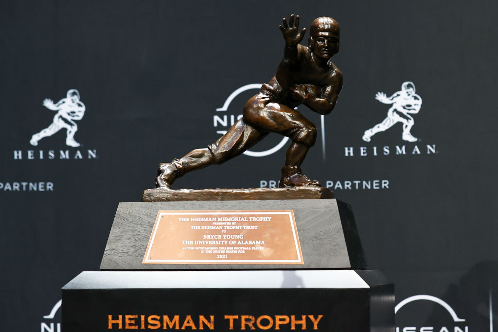 The Heisman Trophy on display at a press conference at the Marriott Marquis in New York City, NY on December 11, 2021.