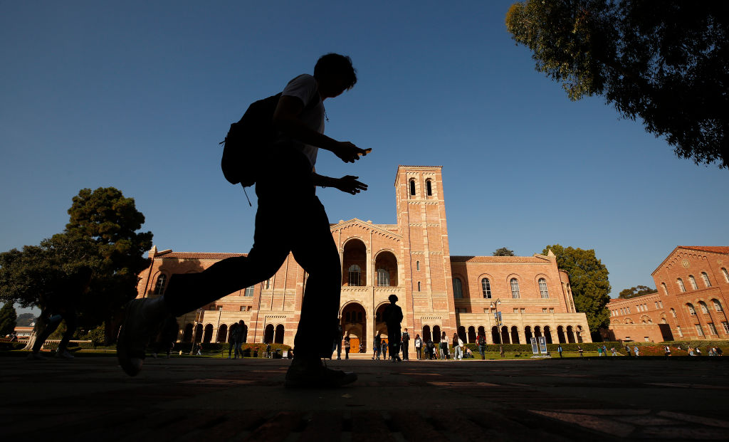 LOS ANGELES, CA - NOVEMBER 17: Royce Hall on the campus of the University of California, Los Angeles (UCLA) as UCLA lecturers and students celebrate after a strike was averted Wednesday morning. Lecturers across the UC system were planning to strike Wednesday and Thursday over unfair labor practices. UCLA on Wednesday, Nov. 17, 2021 in Los Angeles, CA. (Al Seib / Los Angeles Times via Getty Images)