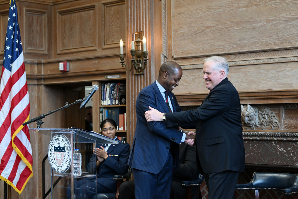 WASHINGTON, DC - JANUARY 23: Howard University President Wayne A.I. Frederick introduces introduces United States Secretary of the Air Force Frank Kendall III during an announcement that Howard University has been awarded $90 million in funding for a University Affiliated Research Center Consortium at Founders Library at Howard University on Monday January 23, 2023 in Washington, DC. (Photo by Matt McClain/The Washington Post via Getty Images)