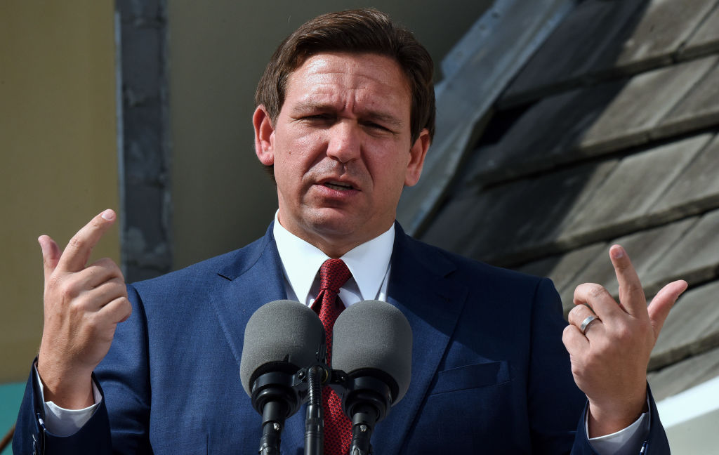 DAYTONA BEACH SHORES, FLORIDA, UNITED STATES - 2023/01/18: Florida Gov. Ron DeSantis speaks at a press conference to announce the award of $100 million for beach recovery following Hurricanes Ian and Nicole in Daytona Beach Shores in Florida. The funding will support beach projects within 16 coastal counties, with hard-hit Volusia County receiving the largest grant, over $37 million. (Photo by Paul Hennessy/SOPA Images/LightRocket via Getty Images)