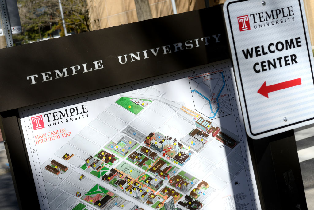 General view of campus life at Temple University, in Philadelphia, PA, on a frisk early spring day of March 27, 2019. To harness a further outbreak of the mumps the Philadelphia Health Department offers this week two free walk-in clinics to students, faculty and staff. The multi-campus public university is home to more than 40.000 students, as well as 4.000 academic staff. (Photo by Bastiaan Slabbers/NurPhoto via Getty Images)