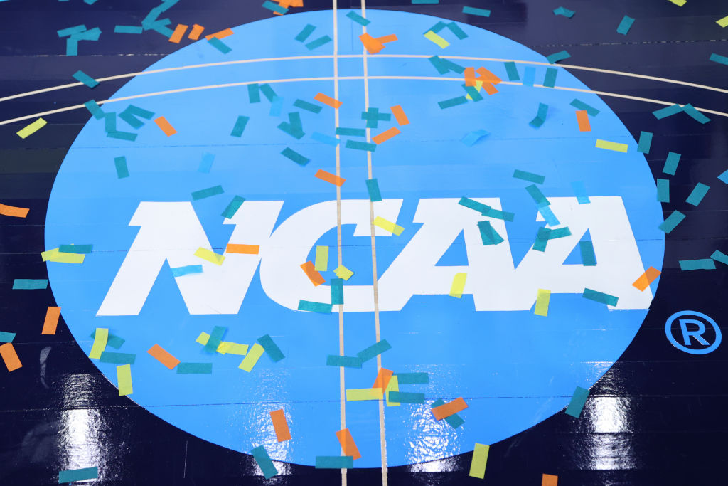 MINNEAPOLIS, MN - APRIL 03: A NCAA logo is seen after the South Carolina Gamecocks defeated the UConn Huskies during the championship game of the NCAA Women’s Basketball Tournament at Target Center on April 3, 2022 in Minneapolis, Minnesota. (Photo by C. Morgan Engel/NCAA Photos via Getty Images)