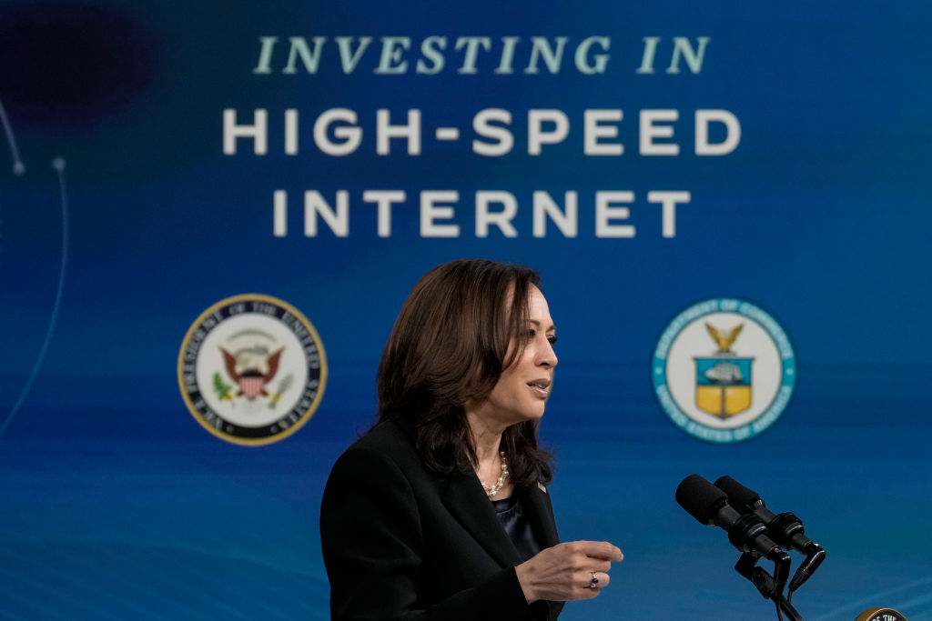 WASHINGTON, DC - JUNE 3: U.S. Vice President Kamala Harris speaks during an event on high-speed internet access in the South Court Auditorium at the White House complex on June 3, 2021 in Washington, DC. Harris announced that the Biden administration is making $1 billion available in grants to improve high-speed internet access in tribal lands. The $1 billion in grant funding was originally included in the coronavirus relief package. (Photo by Drew Angerer/Getty Images)