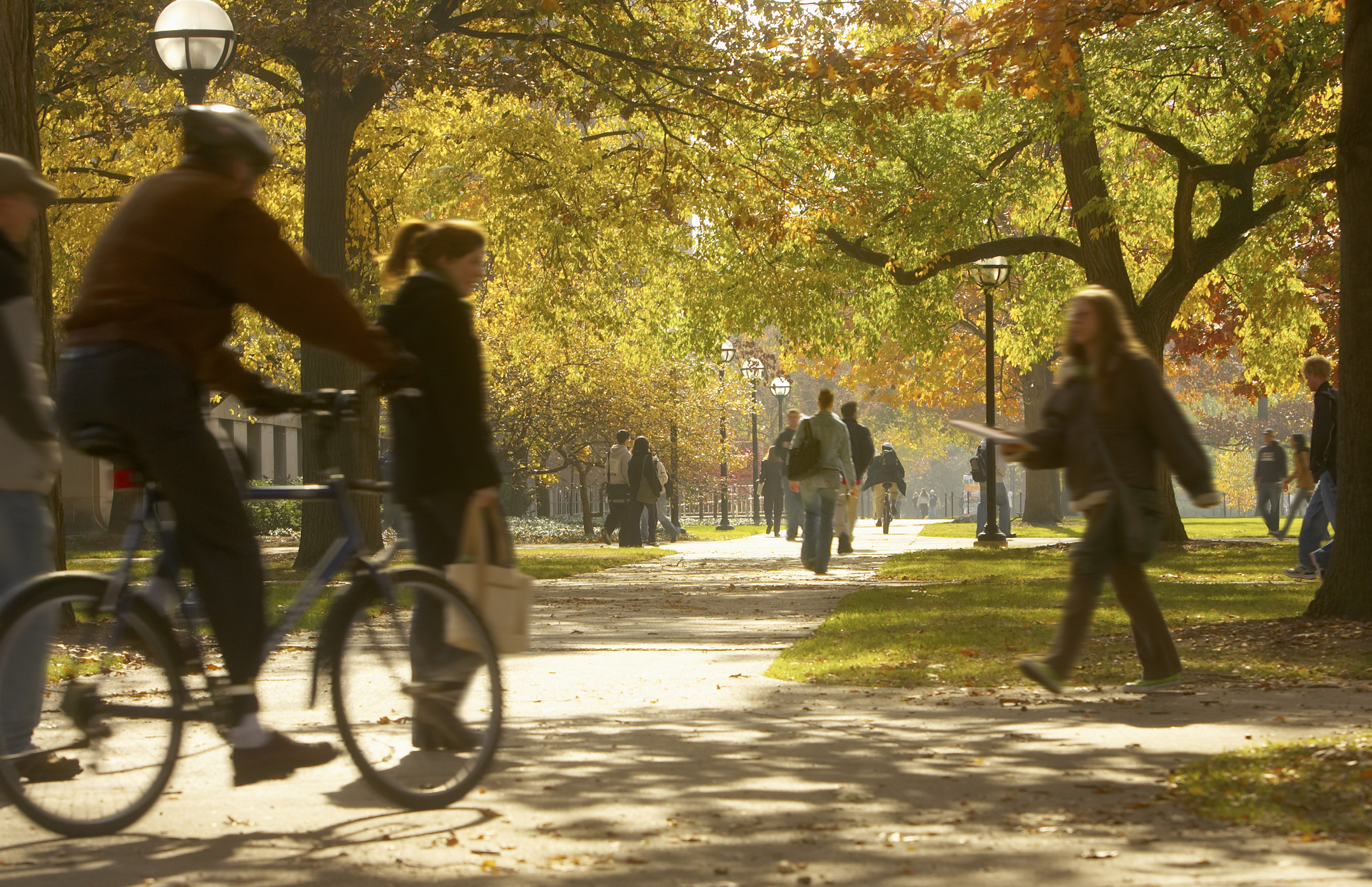 Students walking and biking on the campus footpaths at the University of Michigan Ann Arbor on a sunny autumn day.