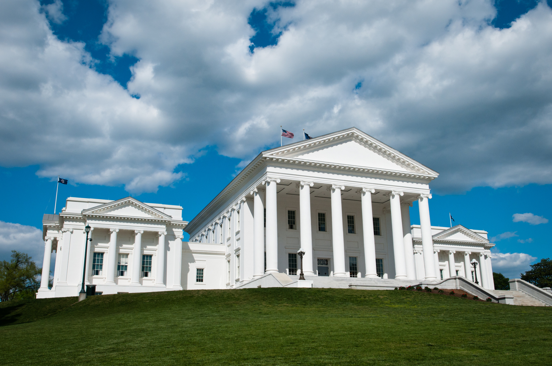 Low angle view of the Capitol Building in the Commonwealth of Virginia.