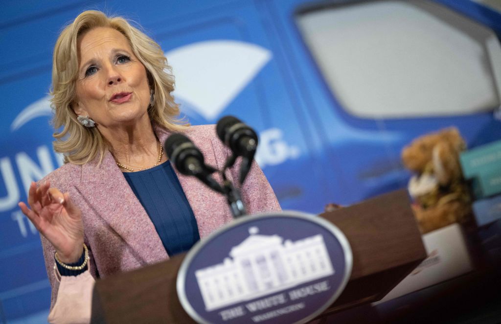US First Lady Jill Biden speaks during an event with Governors spouses attending the National Governors Association Winter Meeting and United Through Reading at the Decatur House in Washington, DC on February 11, 2023. - The event assembled approximately 800 reading-ready kits complete with childrens books, literacy materials, and a stuffed bear from Operation Gratitude for National Guard families around the country to help military families stay connected. (Photo by ANDREW CABALLERO-REYNOLDS / AFP) (Photo by ANDREW CABALLERO-REYNOLDS/AFP via Getty Images)