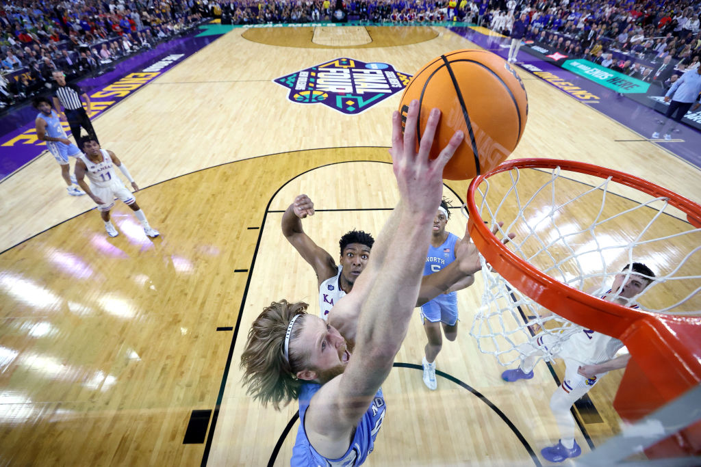 North Carolina Tar Heels goes up for a dunk against the Kansas Jayhawks during the second half of the 2022 NCAA Men's Basketball Tournament National Championship game at Caesars Superdome