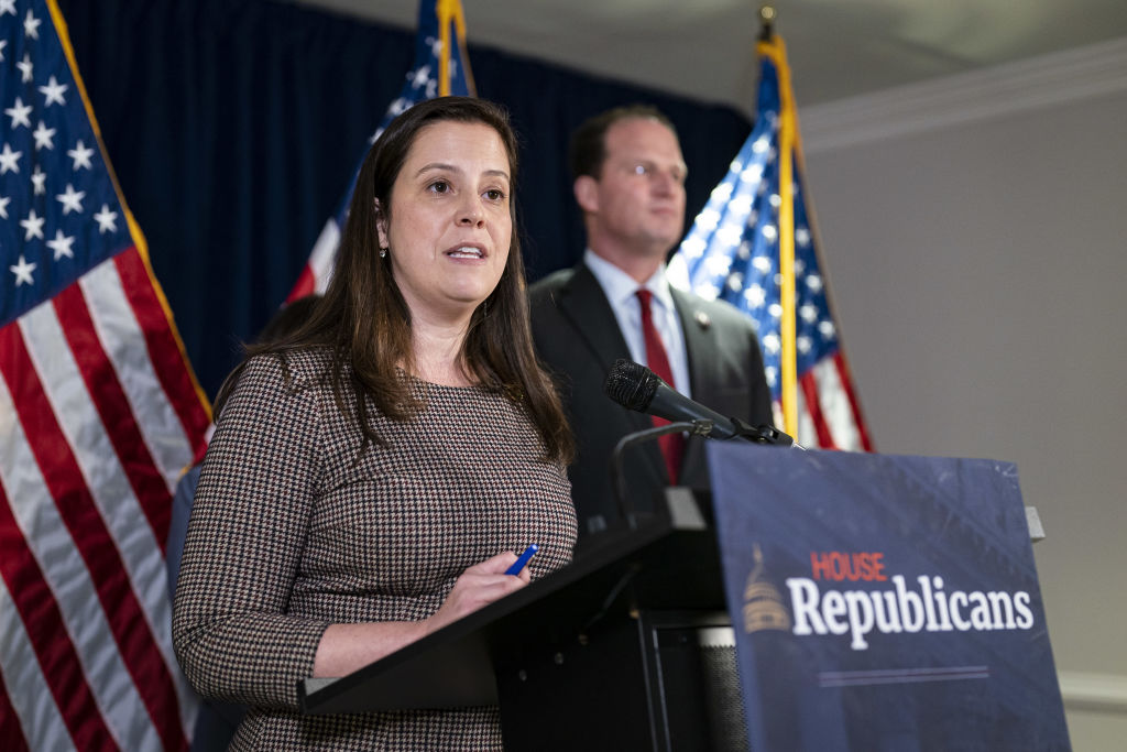 Representative Elise Stefanik, a Republican from New York, speaks during a news conference in Washington, DC, US, on Wednesday, Jan. 25, 2023. Congressional Democrats pressed Republicans to offer a concrete proposal for raising the nation's debt ceiling and avoiding a default after a meeting on Tuesday with President Biden. Photographer: Al Drago/Bloomberg via Getty Images