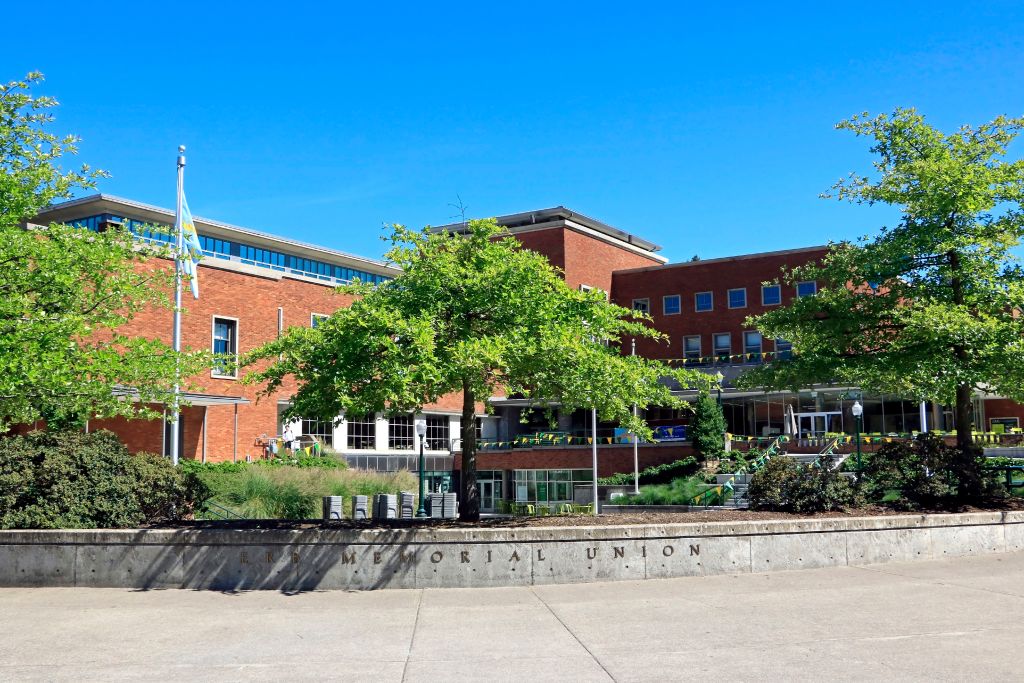 Exterior of the student union building on the University of Oregon campus in Eugene, Oregon.