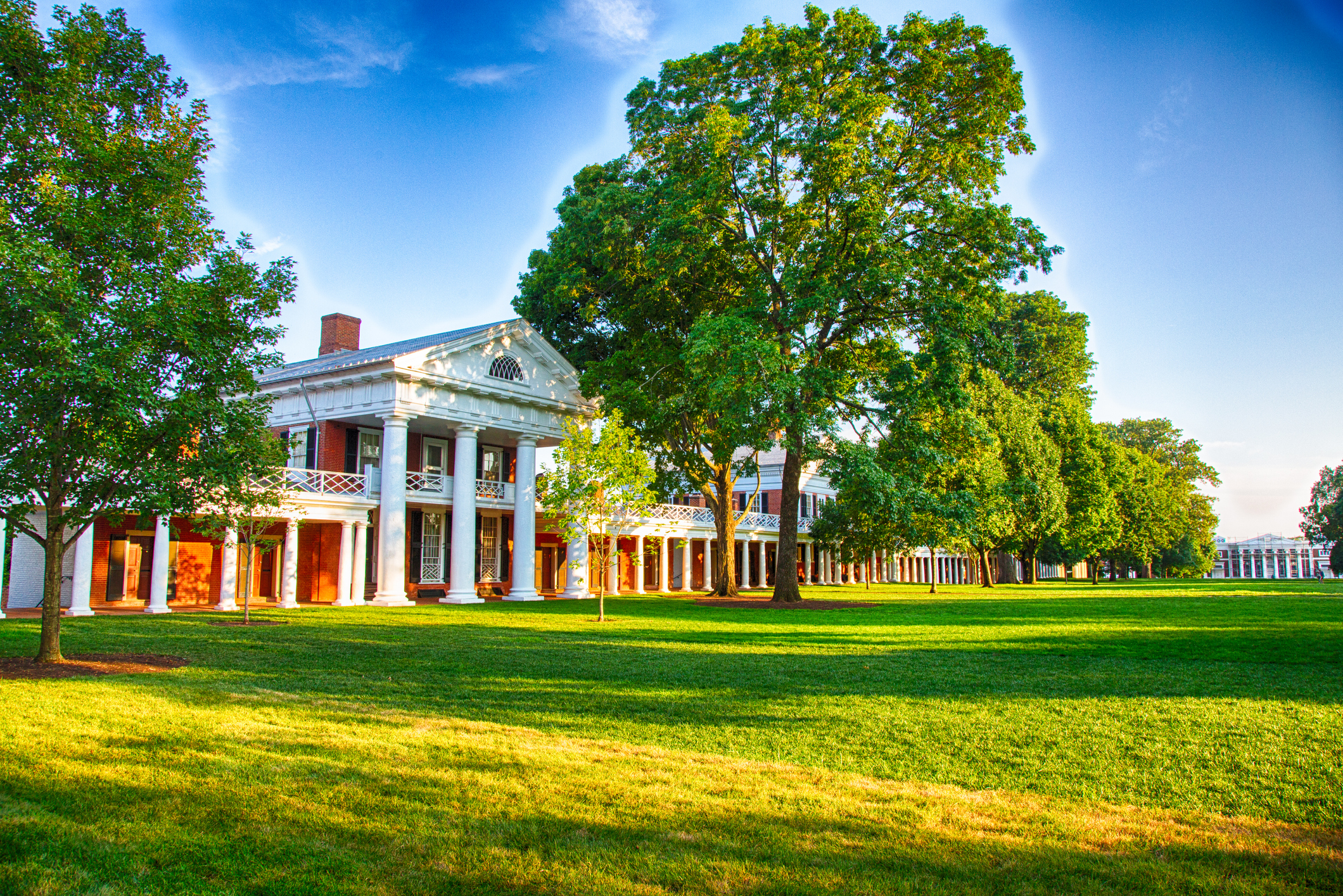 Afternoon sun shining on the lawn at the University of Virginia campus in Charlottesville, Virginia.