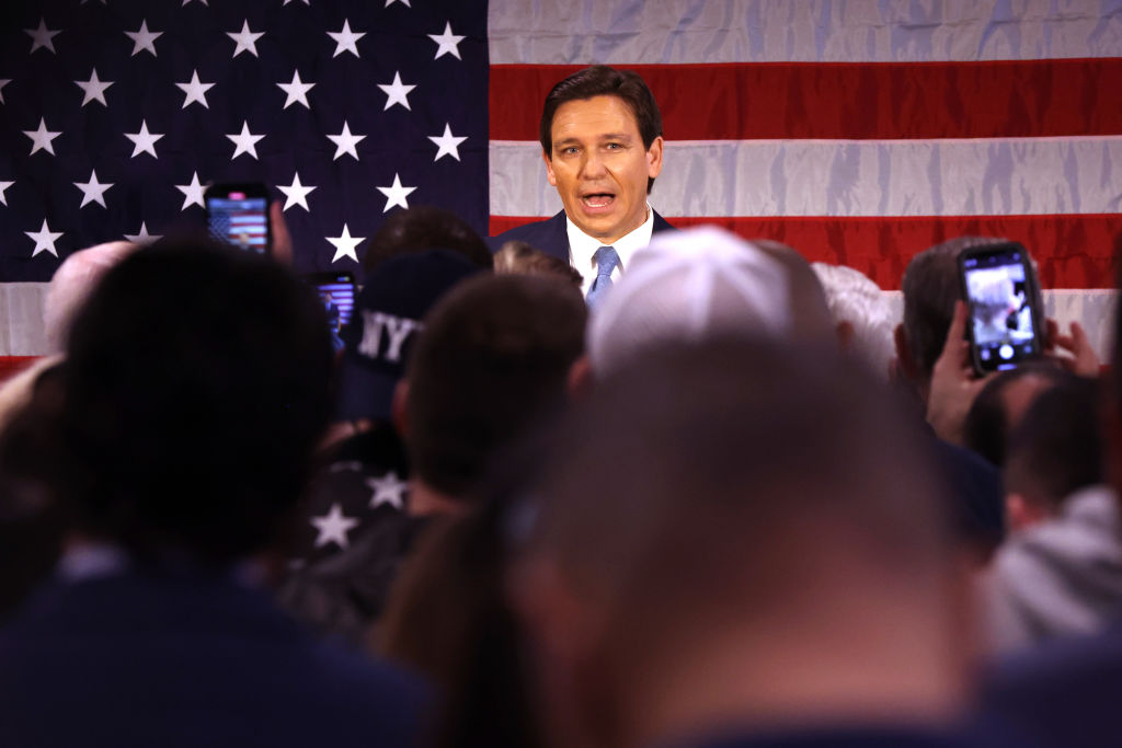 NEW YORK, NEW YORK - FEBRUARY 20: Florida Gov. Ron DeSantis speaks to police officers about protecting law and order at Prive catering hall on February 20, 2023 in the Staten Island borough of New York City. DeSantis, a Republican, is expected by many to announce his candidacy for president in the coming weeks or months. (Photo by Spencer Platt/Getty Images)