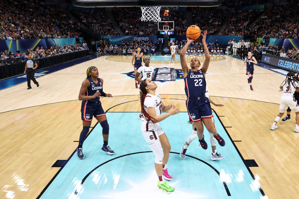 Evina Westbrook of the UConn Huskies scoring a shot against the South Carolina Gamecocks during the NCAA Women's Basketball championship game on April 3, 2022.