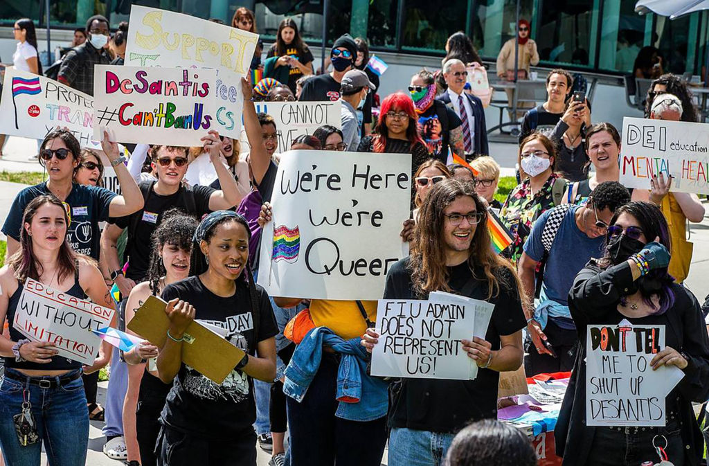 A group of Florida International University students, staff and community members participate in the &quot;Fight for Florida Students and Workers&quot; protest against Gov. Ron DeSantis&apos; recent actions to remake higher education at state universities and colleges, on Thursday, Feb. 23, 2023, in Miami. (Pedro Portal/Miami Herald/Tribune News Service via Getty Images)