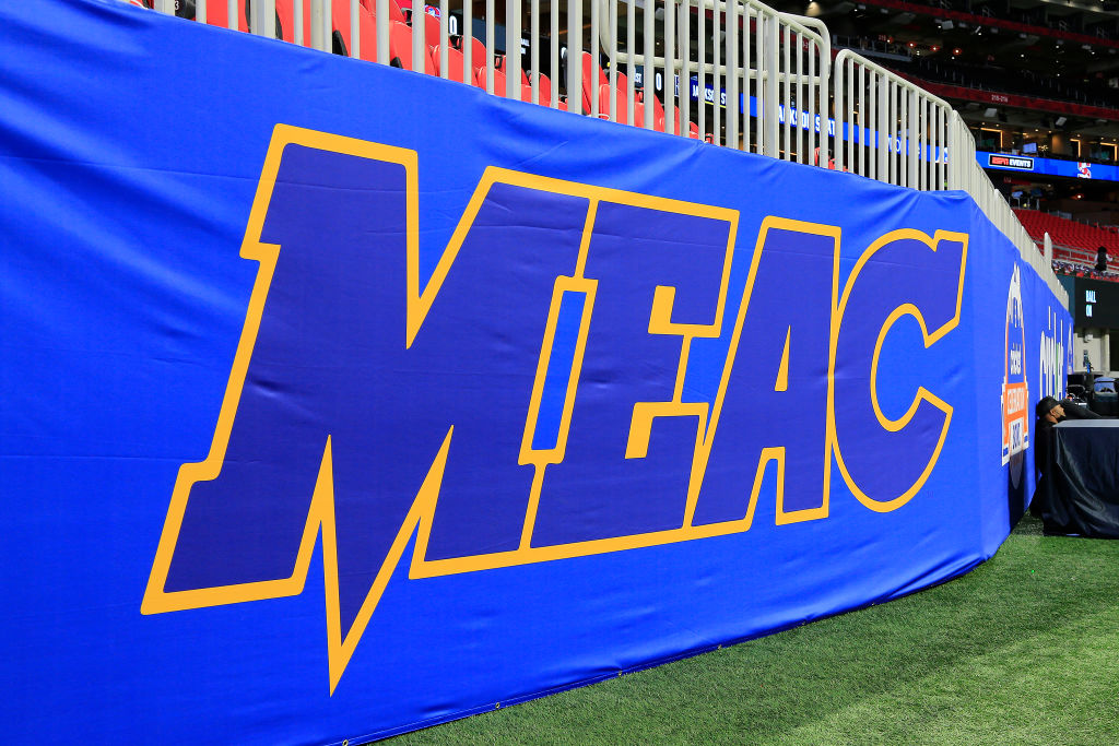 A MEAC logo prior to the college football Cricket Celebration Bowl game between the South Carolina State Bulldogs and the Jackson State Tigers