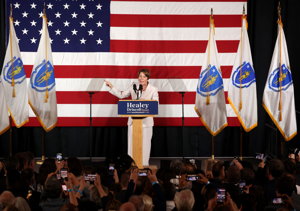 Boston, MA - November 8: Maura Healey speaks to attendees of the Massachusetts Democratic Partys Election Night while celebrating her historic win as Massachusettss first female Governor in the Grand Ballroom at Copley Hotel. (Photo by Barry Chin/Boston Globe via Getty Images)