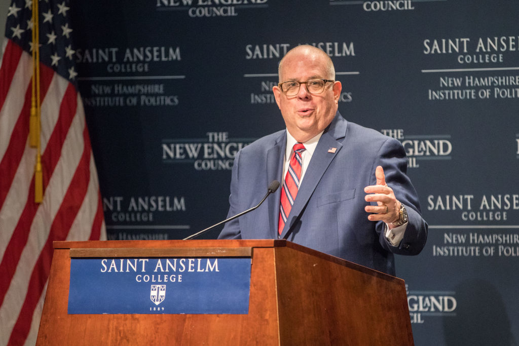 MANCHESTER, NH - APRIL 23: Maryland Governor Larry Hogan speaks at the New Hampshire Institute of Politics as he mulls a Presidential run on April 23, 2019 in Manchester, New Hampshire. (Photo by Scott Eisen/Getty Images)