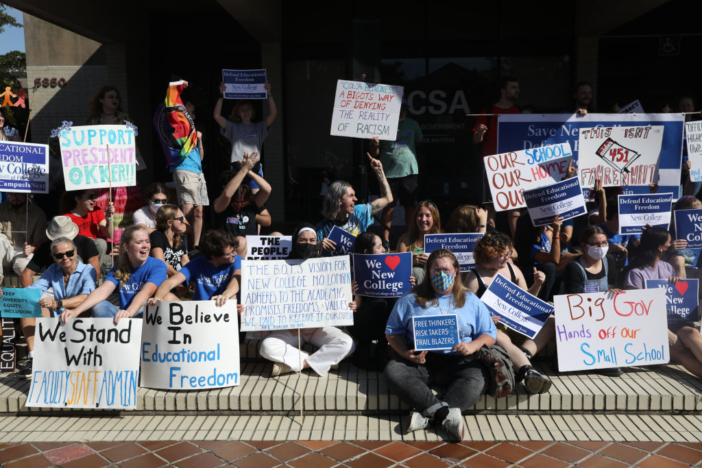 Students during a Defend New College protest in Sarasota, Florida, US, on Tuesday, Jan. 31, 2023. Governor DeSantis blasted New College of Florida Tuesday on the cusp of a big Board of Trustees meeting, saying the school has been too focused on racial and "gender ideology" and will be reformed by a new board he put in place, which is getting big money to recruit new faculty. Photographer: Octavio Jones/Bloomberg via Getty Images