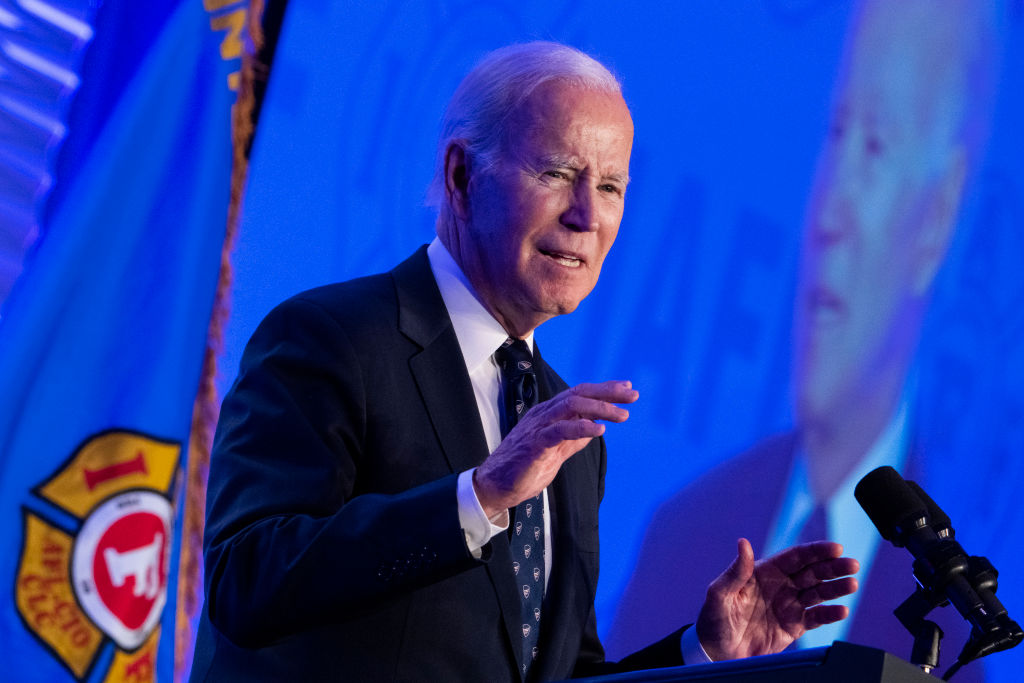 President Joe Biden speaks during the International Association of Fire Fighters 2023 Legislative Conference at the Hyatt Regency on Capitol Hill on Monday, March 6, 2023.