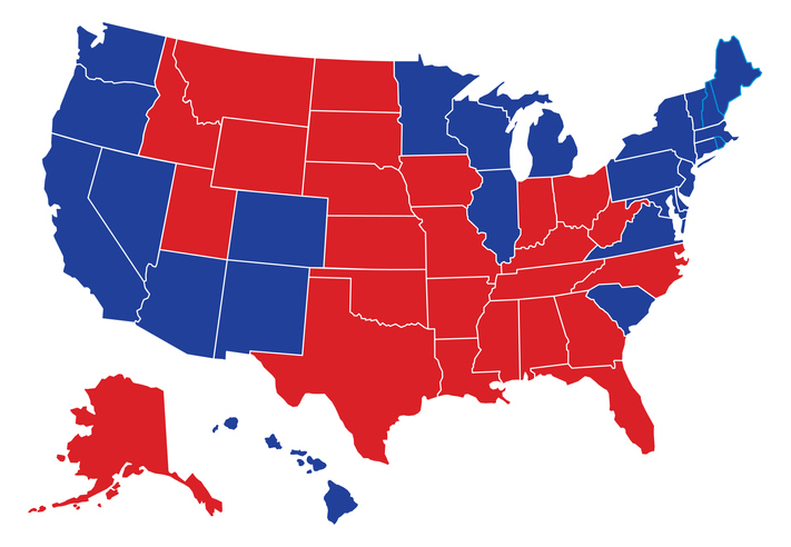 Vector illustration of a political USA map with the states colored in either red or blue with a white outline. Each state is an individual object and can be colored separately.