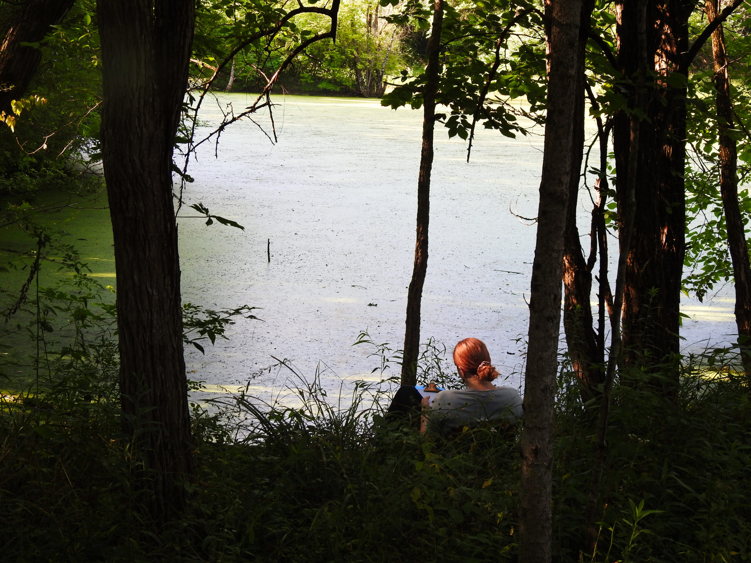 Picture of a person with red hair sitting down by the edge of a lake writing in a notebook.