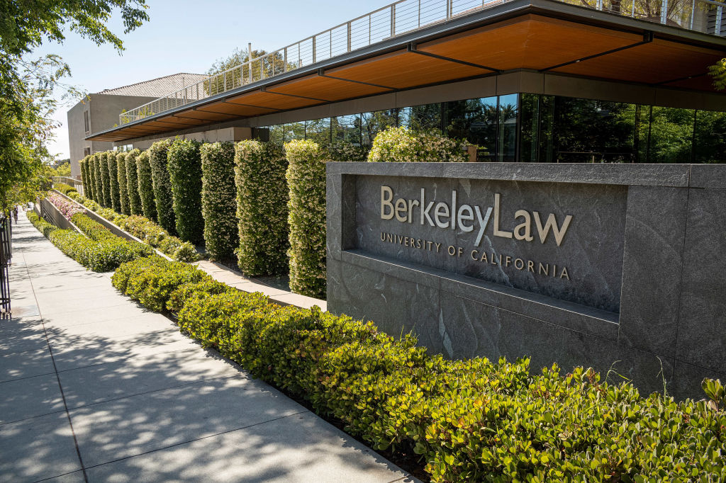 Signage for the Berkeley School of Law on the University of California, Berkeley campus in Berkeley, California, U.S.