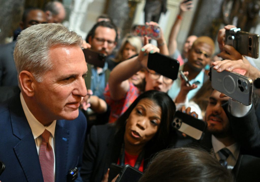 US House Speaker Kevin McCarthy (R-CA) speaks to members of the media in Statuary Hall at the US Capitol in Washington, DC, on May 30, 2023