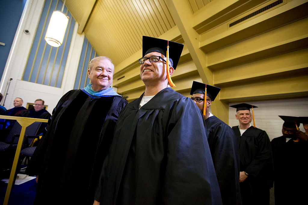 Graduation ceremony of inmates at the maximum-security Darrington Unit prison in Rosharon, Texas. The graduates received their bachelor's degree in biblical studies through the Southwestern Baptist Theological Seminary.