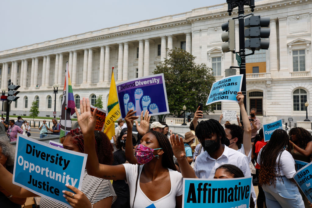 Affirmative action supporters protest near the U.S. Supreme Court Building