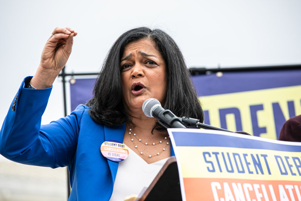 Representative Pramila Jayapal speaking about student debt cancellation program