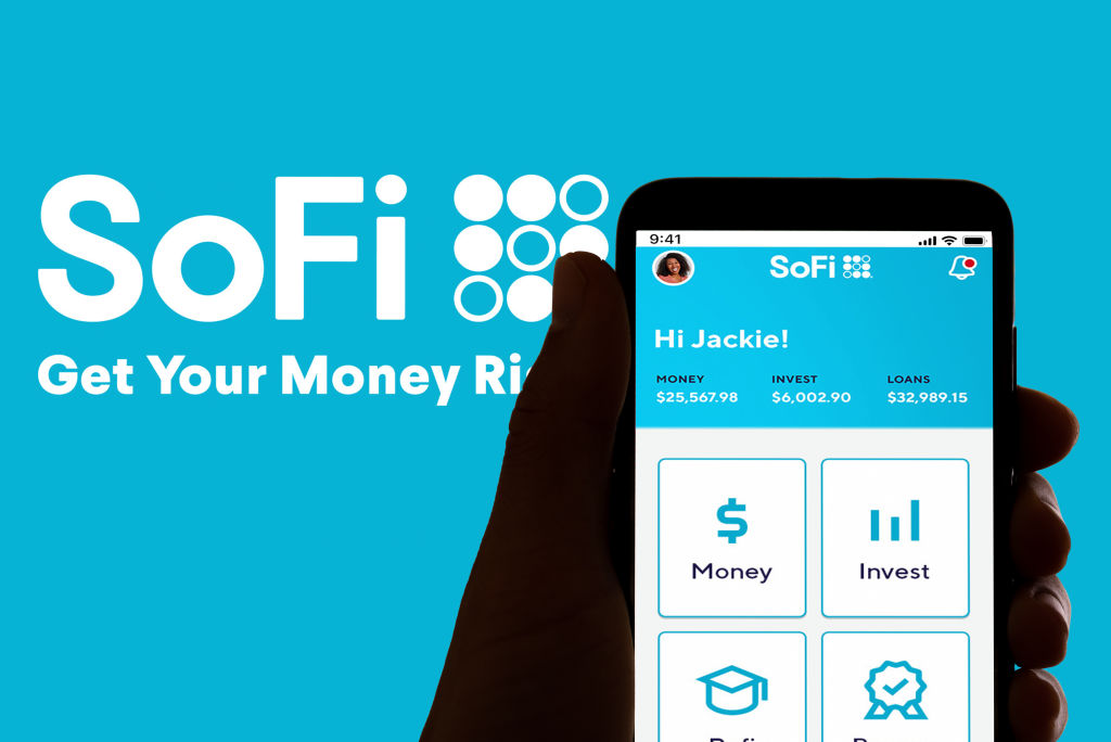 In this photo illustration the online payment and banking app SoFi logo is seen on the screen of a mobile phone.