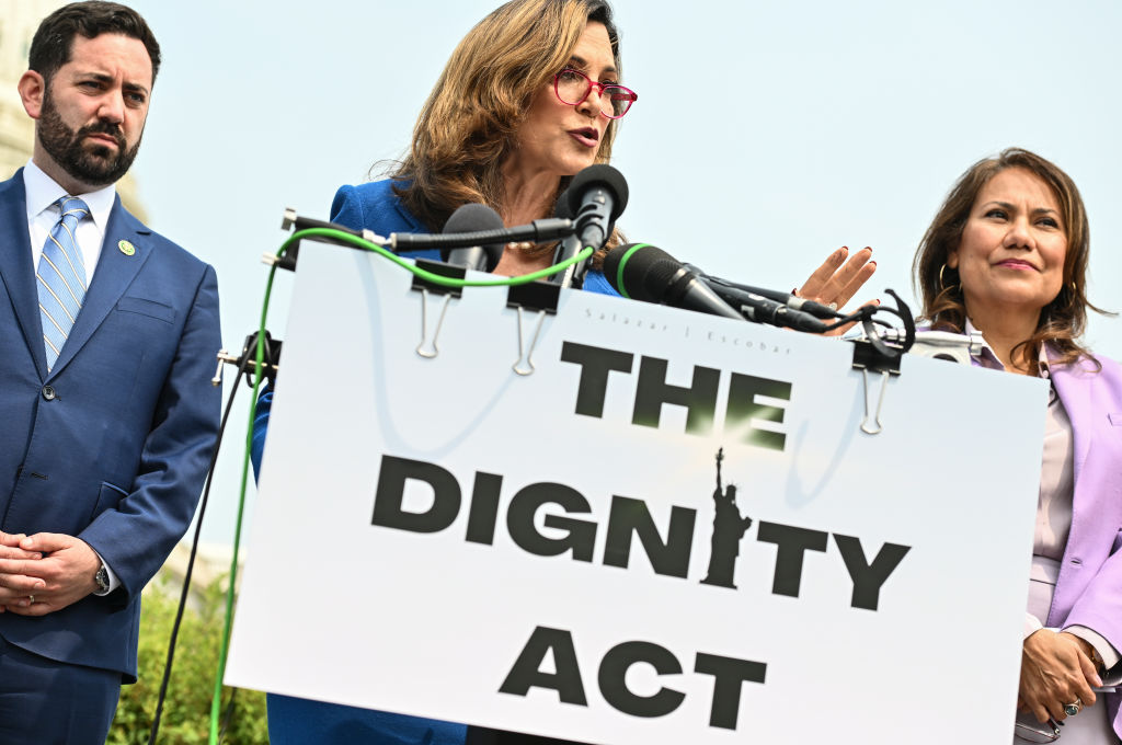 WASHINGTON, DC - MAY 23: Flanked by Rep. Michael Lawler (R-N.Y.), left, and Rep. Veronica Escobar (D-Tex.), right, Maria Elvira Salazar (R-Fla.) speaks on immigration reform during a news conference at the U.S. Capitol on May 23, 2023 in Washington, D.C.