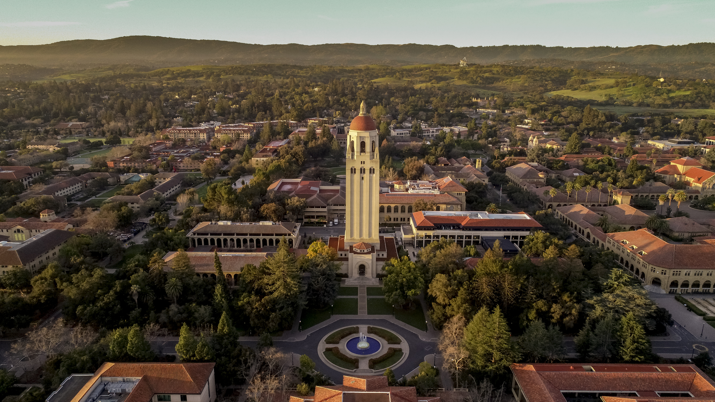 Aerial view of Stanford University in Stanford California. Stanford is a private university founded in 1885 by Leland and Jane Stanford.