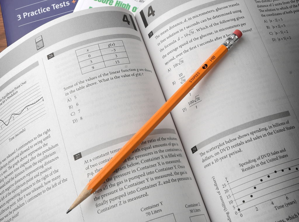 Close-up of a pencil on a page in an SAT college entrance exam prep book.