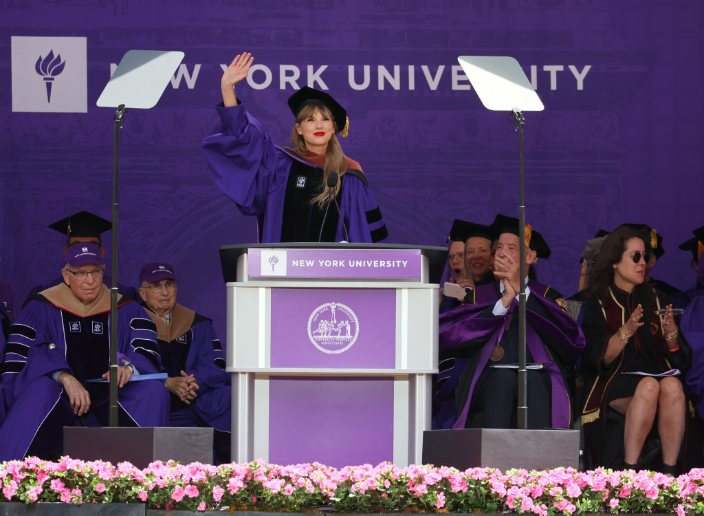 Taylor Swift delivering her New York University 2022 Commencement Address at Yankee Stadium on May 18, 2022 in New York City.