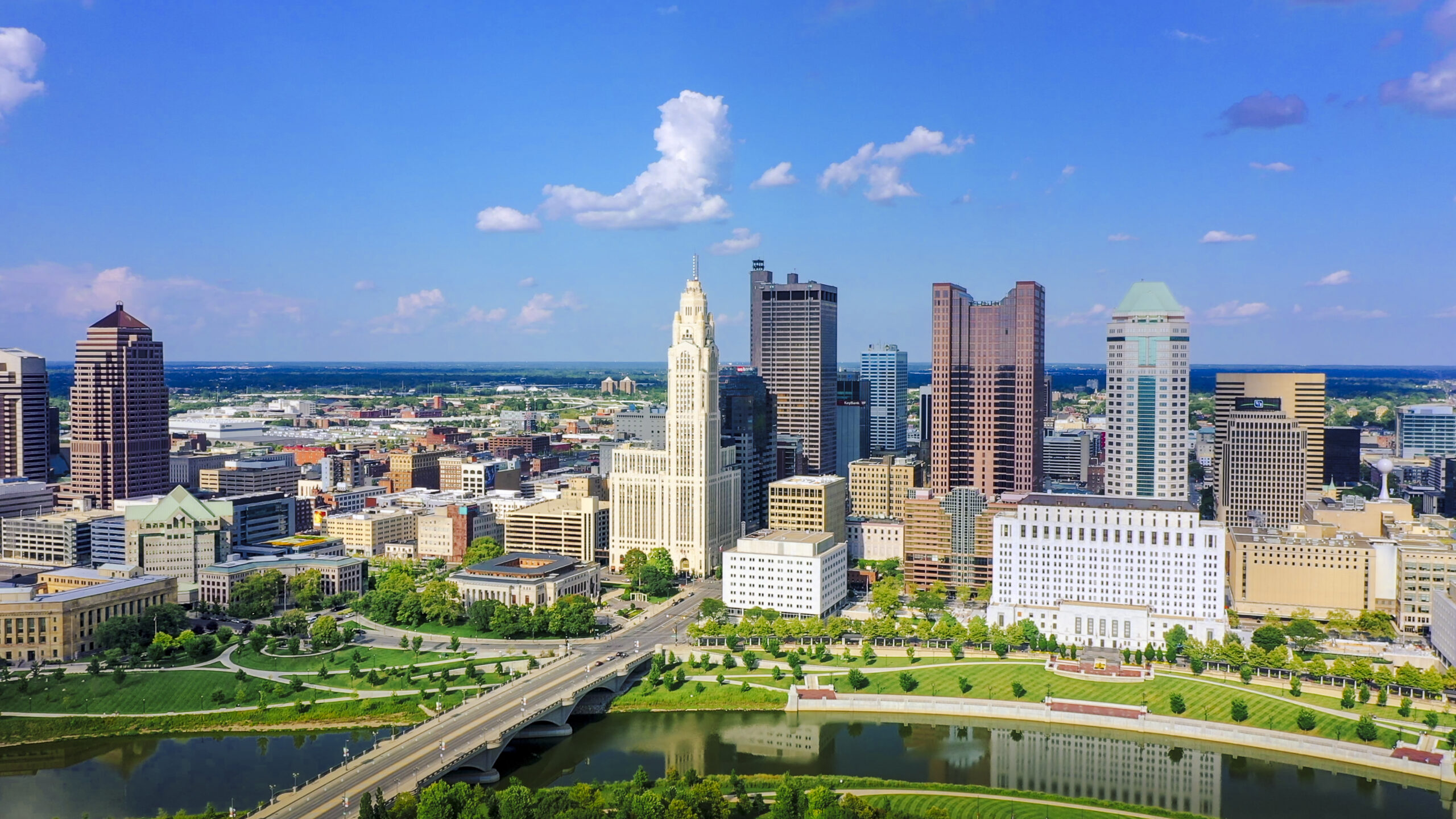 Aerial view of Downtown Columbus Ohio with Scioto river