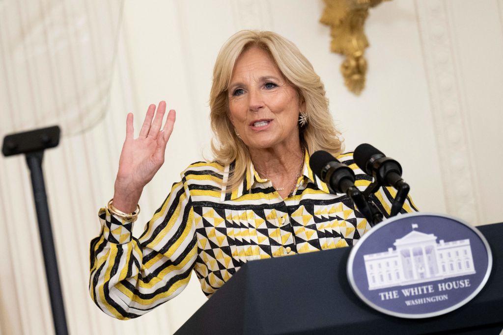 US First Lady Jill Biden speaks during a back-to-school K-12 Cybersecurity Summit in the East Room of the White House in Washington, DC, on August 8, 2023.