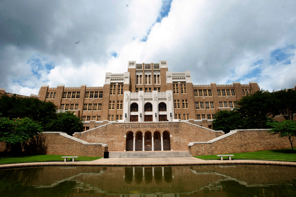 Exterior view of the Little Rock Central High School, now a National Historic Site, in Little Rock, Arkansas.