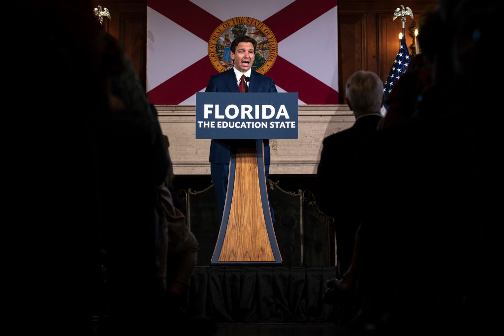 Florida Governor Ron DeSantis takes questions from the media after signing three education bills on the New College of Florida campus in Sarasota, Florida, on May 15, 2023.