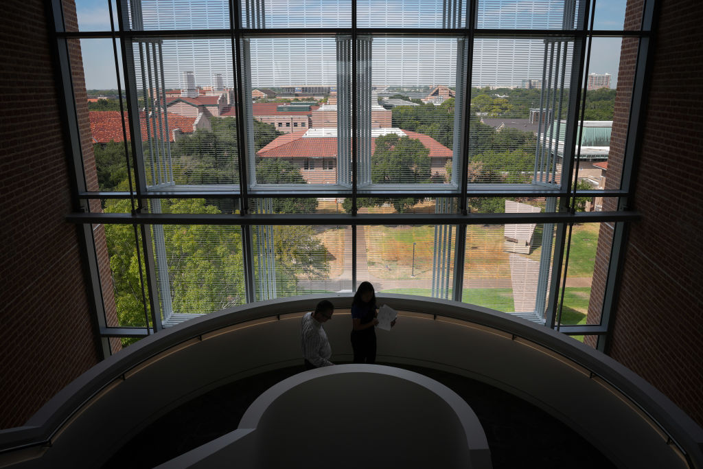 Looking outside a window on RIce University campus