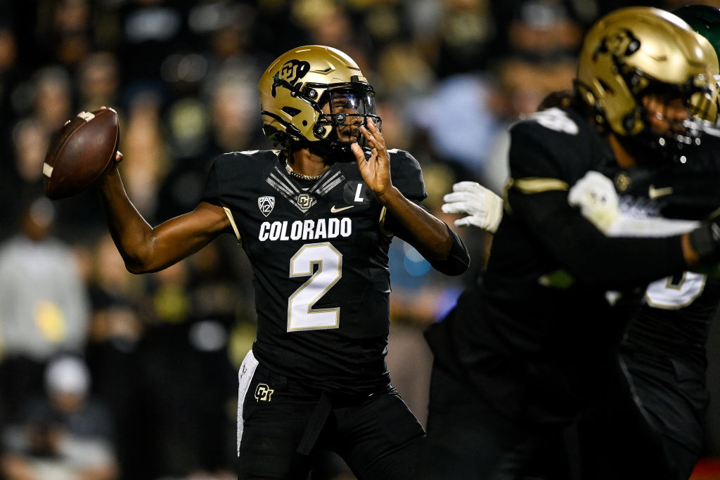 Football quarterback Shedeur Sanders of the Colorado Buffaloes passes in the third quarter against the Colorado State Rams at Folsom Field on September 16, 2023 in Boulder, Colorado.