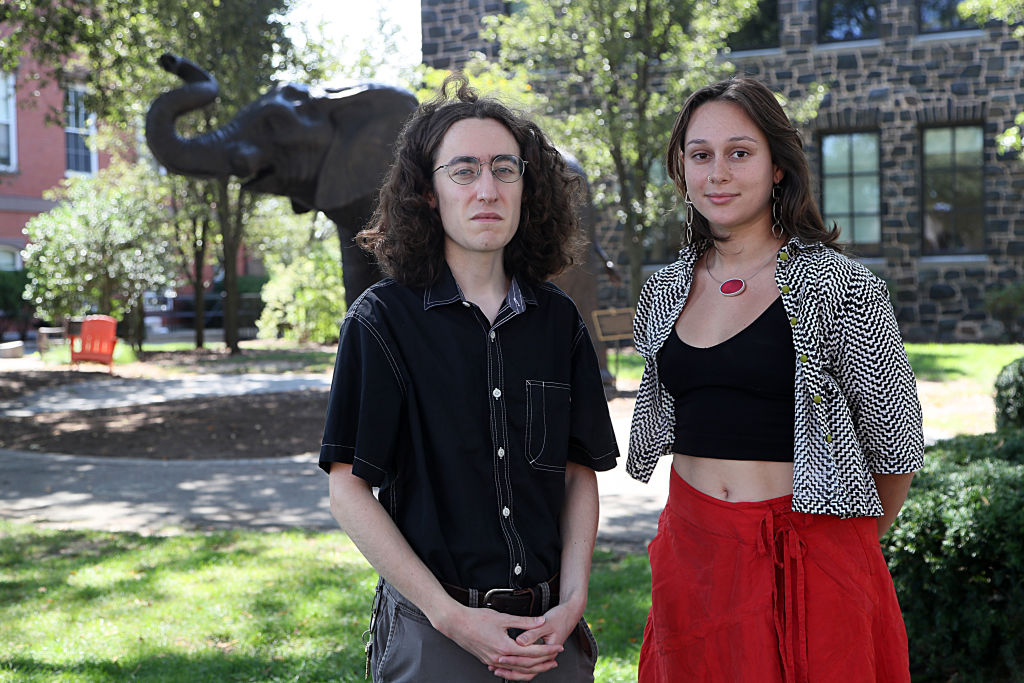 Resident Advisors David Whittingham and Anisha Uppal-Sullivan. They are striking at Tufts University on move-in day, August 29, 2023, because the university has failed to respond to their demands for compensation for several months.