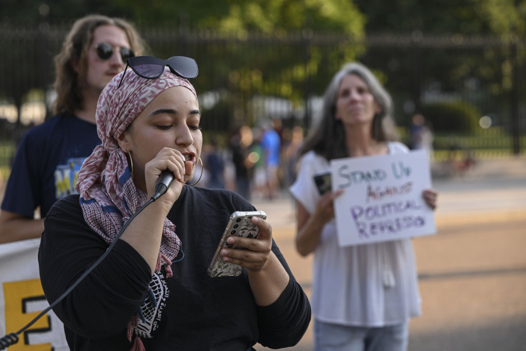A group of human rights activists hold a rally and protest outside the White House in Washington, DC, to demand that the charges against the Tampa 5 be dropped. The Tampa 5 are five activists who are facing felony charges after being brutalized by police for protesting against the removal of diversity, equity and inclusion initiatives on campus.