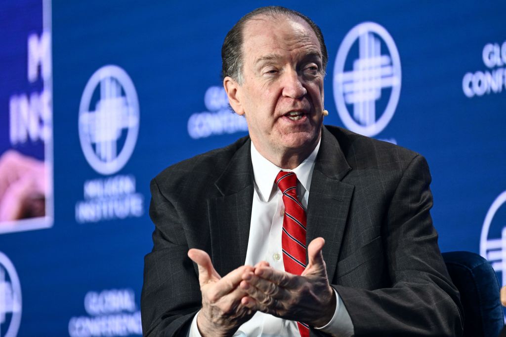 Outgoing President of the World Bank Group David Malpass speaks during the Milken Institute Global Conference in Beverly Hills, California